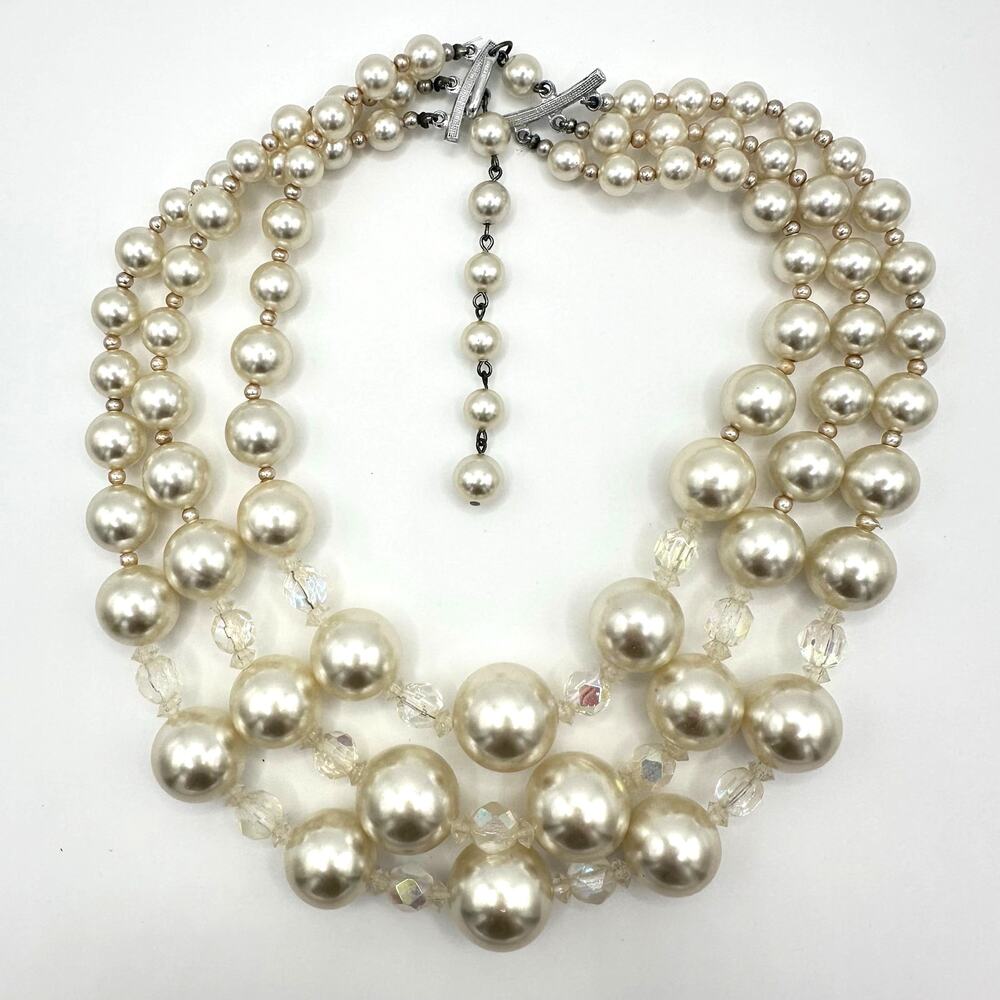 Japan vintage 3 multi strand lucite faux pearls AB beaded graduated necklace